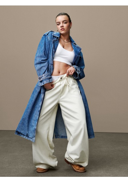 Kadın Mavi Uzun Kesim İkon Denim Trençkot Ceket fiyatları