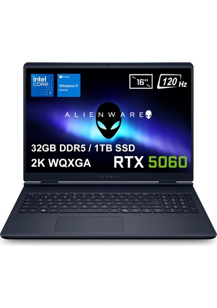 Alienware 16 Aurora Intel Core 7-240H 32GB DDR5 1TB SSD RTX5060 8GB 16 inç 2K WQXGA 120Hz WVA windows 11 Home Taşınabilir bilgisayar (AC16250-C716156Wv1)