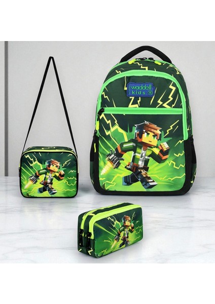 Lisanslı Maycraft Creeper Ilkokul Sırt Çantası, Beslenme Çantası ve Kalemlik Seti