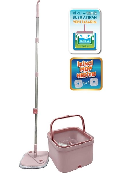 Kare Spin Mop Set, Temiz ve Kirli Suyu Ayıran Mikrofiber Döner Temizlik Seti 1+1 Mop Pembe fiyatları