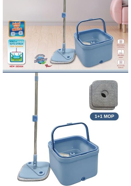 Kare Spin Mop Set, Temiz ve Kirli Suyu Ayıran Mikrofiber Döner Temizlik Seti 1+1 Mop Mavi