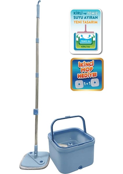 Kare Spin Mop Set, Temiz ve Kirli Suyu Ayıran Mikrofiber Döner Temizlik Seti 1+1 Mop Mavi fiyatları