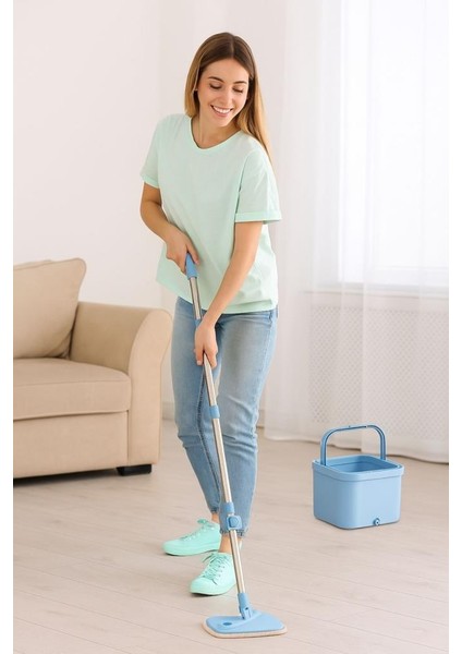 Kare Spin Mop Set, Temiz ve Kirli Suyu Ayıran Mikrofiber Döner Temizlik Seti 1+1 Mop Mavi indirimleri
