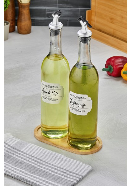2li 750ML Ahşap Standlı Ayçiçek Yağı &zeytinyağı Şişesi Gri Tıpalı Cam Yağdanlık