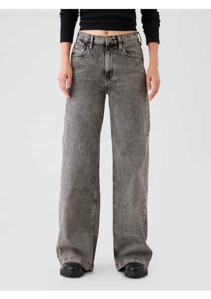 Kadın Siyah High Rise Stride Wide-Leg Jean Pantolon