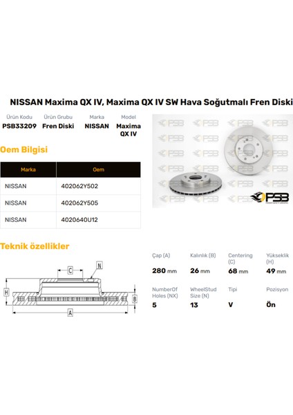 Fren Diski Ön 280MM Nıssan Maxıma 1995-2000 Oem Kodu - 40206-40U12-PSB33209