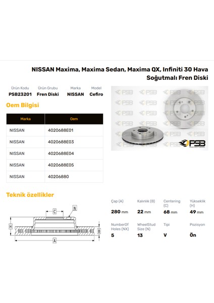 Fren Diski Ön 280MM Nıssan Maxıma 1988-1998 Oem Kodu - 40206-88E05-PSB23201