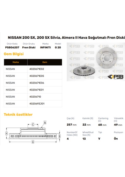 Fren Diski Ön 257MM Nıssan Prımera 1996-1999 Almera 2000- Oem Kodu - 40206-93J01-PSB06207