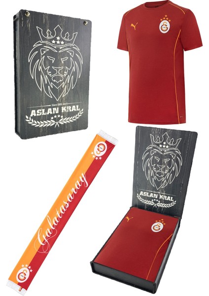 Orijinal Lisanslı Sıfır Yaka Kırmızı Antrenman 5 Yıldızlı T-Shirt + Şal Kaşkol Set Hediyelik Ahşap Kutulu