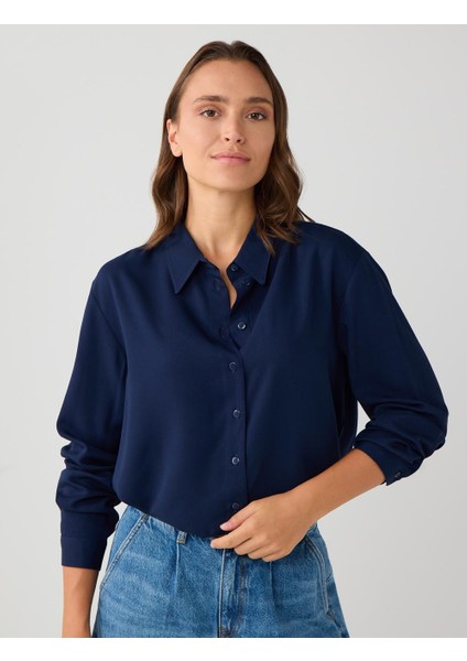 Lacivert Düz Kesim Gömlek Yaka Dokuma Gömlek