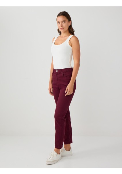 Bordo Yüksek Bel Normal Paça Dokuma Pantolon modelleri