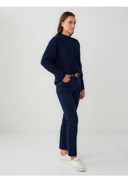 Lacivert Yüksek Bel Normal Paça Dokuma Pantolon modelleri
