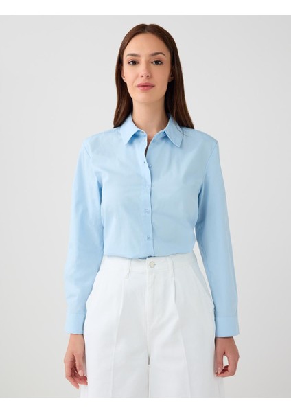 Mavi %100 Pamuk Düz Kesim Uzun Kollu Dokuma Gömlek