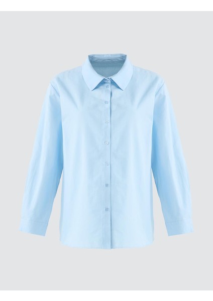 Mavi %100 Pamuk Düz Kesim Uzun Kollu Dokuma Gömlek