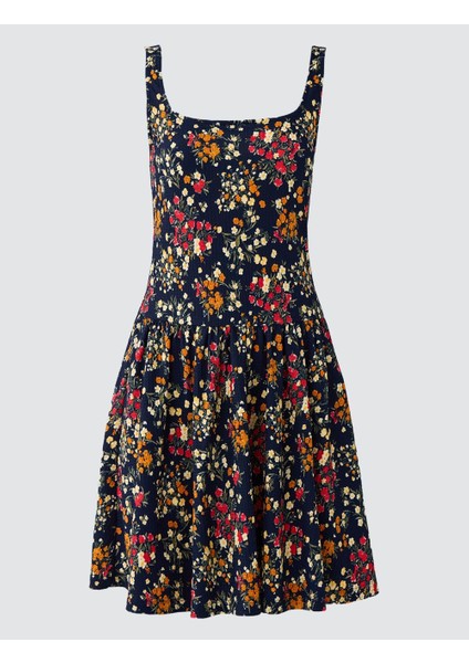 Lacivert Dar Kesim Kare Yaka Örme Elbise