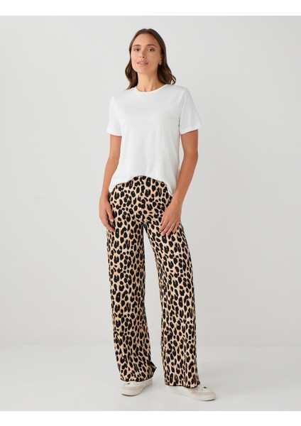 Siyah Normal Bel Bol Paça Leopar Desenli Örme Pantolon