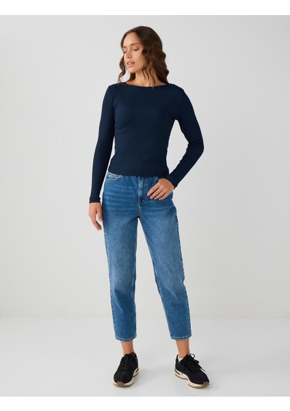 Lacivert Dar Kesim Kayık Yaka Örme Bluz fiyatları