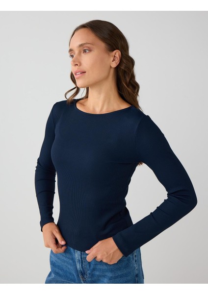 Lacivert Dar Kesim Kayık Yaka Örme Bluz fırsatları