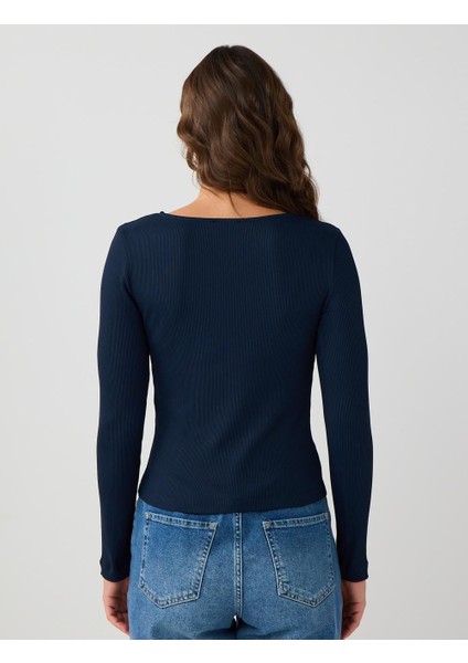 Lacivert Dar Kesim Kayık Yaka Örme Bluz indirimleri