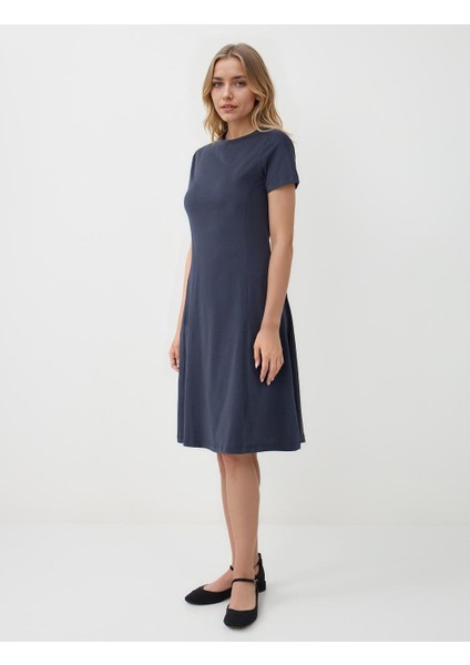 Lacivert Dar Kesim Kayık Yaka Mini Örme Elbise modelleri