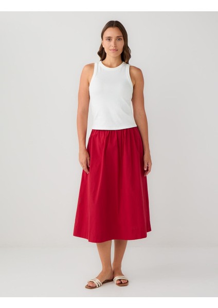 Kırmızı %100 Pamuk Normal Bel Dokuma Midi Etek