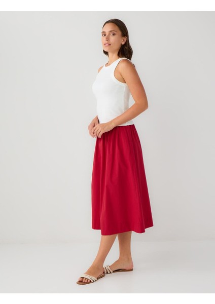 Kırmızı %100 Pamuk Normal Bel Dokuma Midi Etek fiyatları