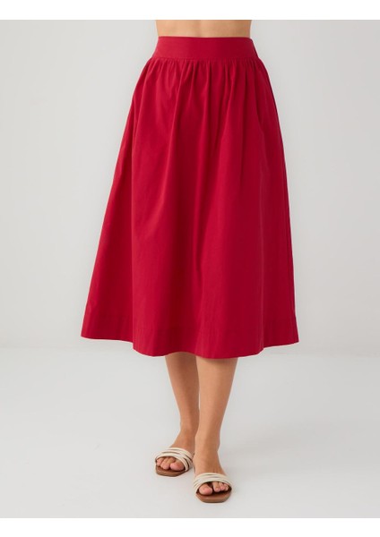 Kırmızı %100 Pamuk Normal Bel Dokuma Midi Etek fırsatları
