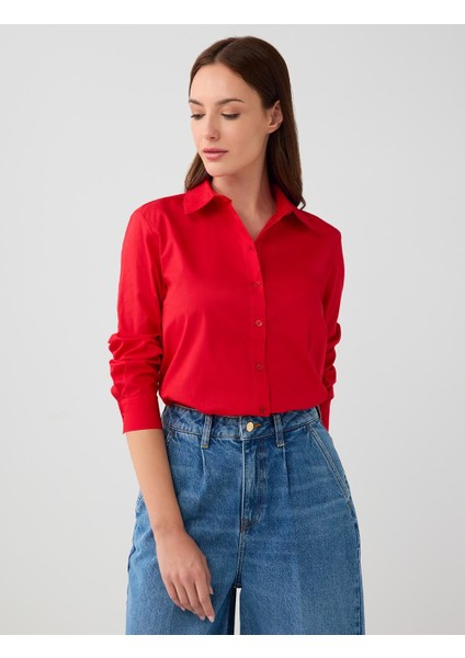 Kırmızı %100 Pamuk Düz Kesim Uzun Kollu Dokuma Gömlek