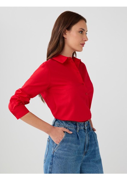 Kırmızı %100 Pamuk Düz Kesim Uzun Kollu Dokuma Gömlek fırsatları