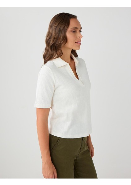 Ekru %100 Pamuk Kısa Kollu Gömlek Yaka Örme Bluz fırsatları