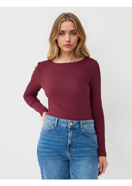 Bordo Dar Kesim Kayık Yaka Örme Bluz