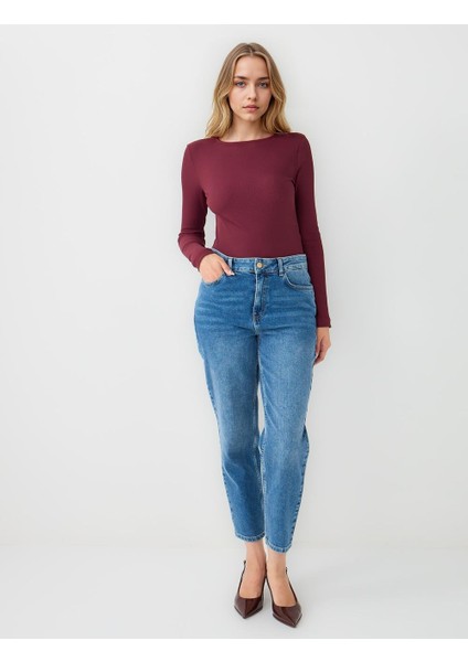 Bordo Dar Kesim Kayık Yaka Örme Bluz fiyatları