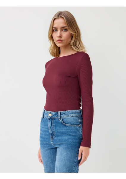 Bordo Dar Kesim Kayık Yaka Örme Bluz modelleri