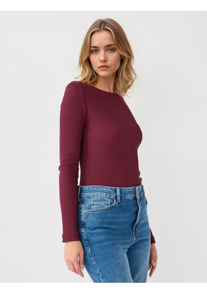 Bordo Dar Kesim Kayık Yaka Örme Bluz fırsatları