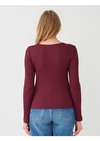 Bordo Dar Kesim Kayık Yaka Örme Bluz indirimleri