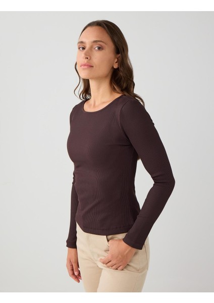 Acı Kahve Dar Kesim Kayık Yaka Örme Bluz modelleri