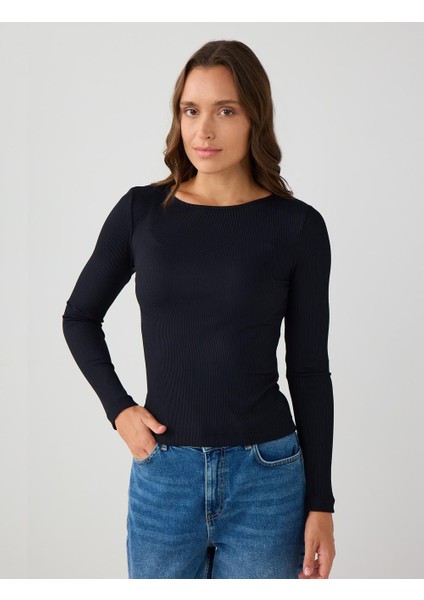 Siyah Dar Kesim Kayık Yaka Örme Bluz