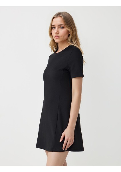 Siyah Bisiklet Yaka Kısa Kollu Örme Mini Elbise modelleri