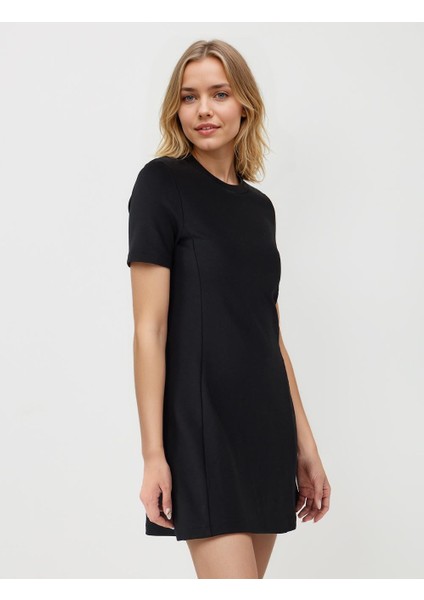 Siyah Bisiklet Yaka Kısa Kollu Örme Mini Elbise fırsatları