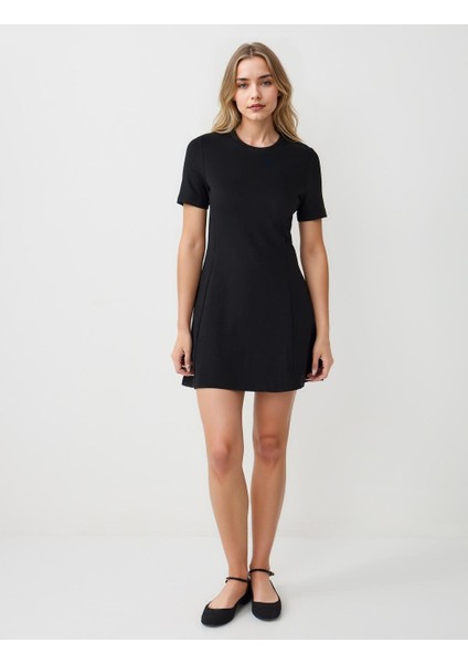Siyah Bisiklet Yaka Kısa Kollu Örme Mini Elbise fiyatları