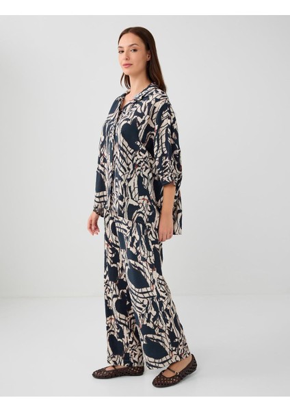 Lacivert Desenli Yüksek Bel Bol Paça Dokuma Pantolon fiyatları