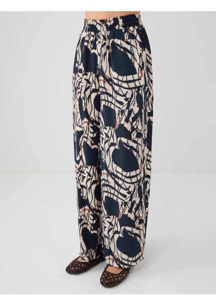 Lacivert Desenli Yüksek Bel Bol Paça Dokuma Pantolon fırsatları