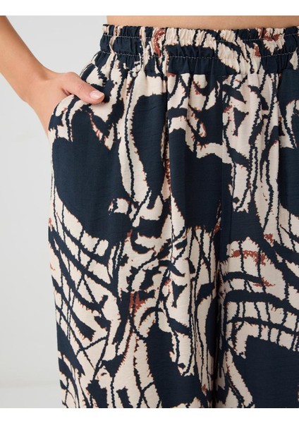 Lacivert Desenli Yüksek Bel Bol Paça Dokuma Pantolon indirimleri