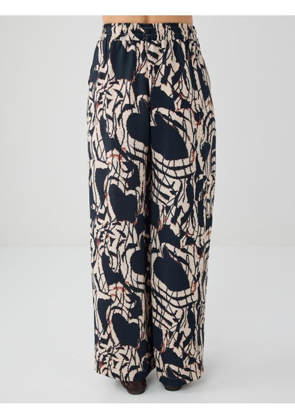 Lacivert Desenli Yüksek Bel Bol Paça Dokuma Pantolon