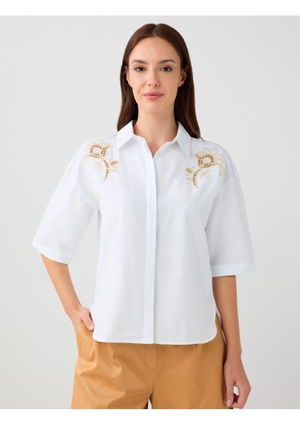Ekru Dirsek Kol Düğme Detaylı Dokuma Gömlek