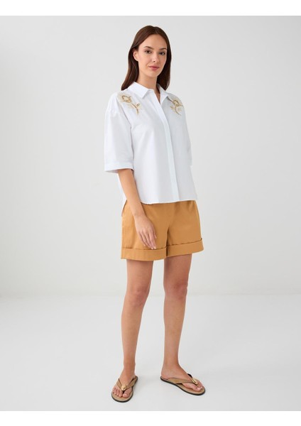 Ekru Dirsek Kol Düğme Detaylı Dokuma Gömlek fiyatları