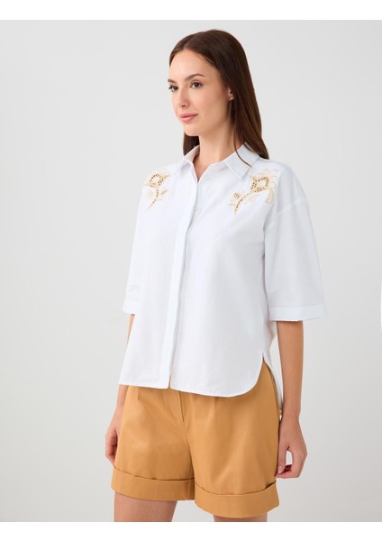 Ekru Dirsek Kol Düğme Detaylı Dokuma Gömlek modelleri