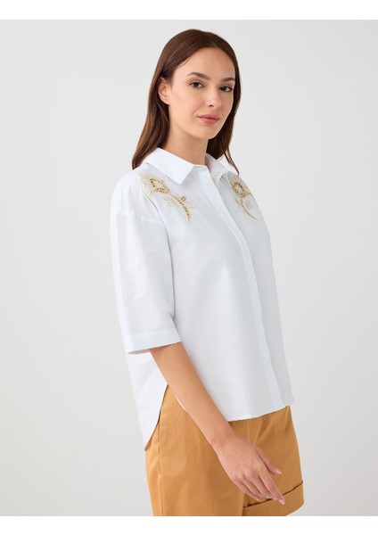 Ekru Dirsek Kol Düğme Detaylı Dokuma Gömlek fırsatları