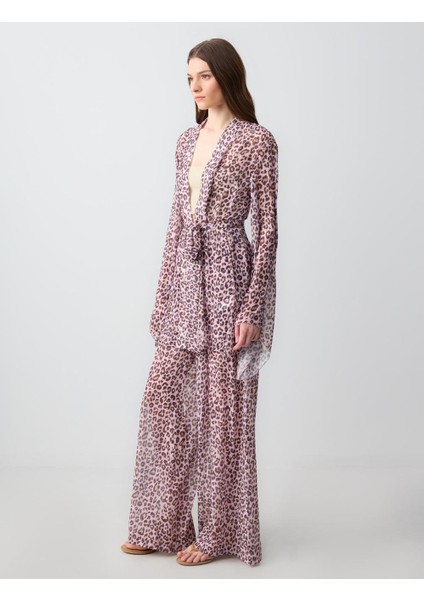 Toz Pembe Yüksek Bel Bol Paça Desenli Şifon Dokuma Pantolon fiyatları