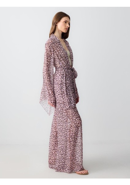 Toz Pembe Yüksek Bel Bol Paça Desenli Şifon Dokuma Pantolon modelleri